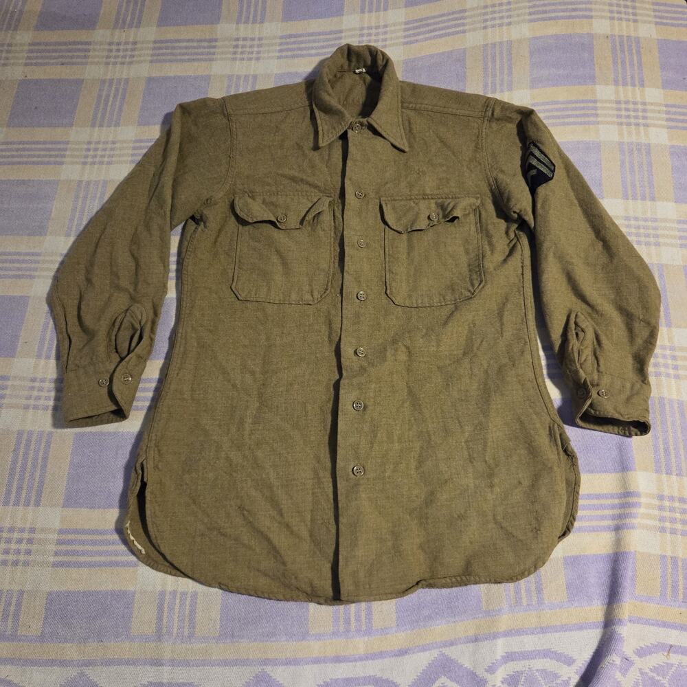 Vintage WWII US Army M1937 M37 Wool Combat Field Shirt 15 32 Olive Gas Flap 30s
